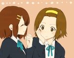  brown_eyes brown_hair hairband hirasawa_yui k-on! kakari_(peehs) multiple_girls sakuragaoka_high_school_uniform school_uniform short_hair smile tainaka_ritsu yellow_hairband 