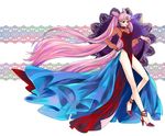  anklet bare_legs bishoujo_senshi_sailor_moon black_lady chibi_usa crescent crystal_earrings double_bun dress earrings facial_mark forehead_mark full_body high_heels highres jewelry long_hair miryusaykaz older pink_hair red_eyes side_slit solo standing twintails very_long_hair 