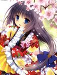  :d absurdres artist_name black_hair blue_bow blue_eyes blurry blush bow cherry_blossoms depth_of_field english fan floral_print folding_fan frilled_sleeves frills hair_bow highres holding holding_fan japanese_clothes kimono layered_clothing layered_kimono long_hair nanaka_mai open_mouth original petals scan sleeves_past_wrists smile solo sparkle wide_sleeves 