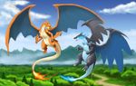  blue_fire charizard claws dragon fangs fire flying horn male mang0l0v3r mega_charizard mega_charizard_x mega_charizard_y mega_evolution nintendo open_mouth pok&#233;mon pok&eacute;mon sky source_request tree unknown_artist video_games wings 
