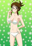  akizuki_ritsuko bandeau bikini breasts brown_eyes brown_hair cleavage folded_ponytail glasses hand_on_hip idolmaster idolmaster_(classic) shiny shiny_skin short_hair smile solo swimsuit zerosu_(take_out) 