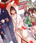  4girls admiral_(kantai_collection) akagi_(kantai_collection) alternate_costume blue_eyes blue_hair blush brown_eyes brown_hair clog_sandals dutch_angle fan folding_fan hakama_skirt hiryuu_(kantai_collection) hood japanese_clothes kaga_(kantai_collection) kantai_collection kimono long_hair long_sleeves multiple_girls open_mouth oriental_umbrella pontou shrine side_ponytail smile souryuu_(kantai_collection) tabi tears thighhighs torii twintails uchikake umbrella wedding wide_sleeves 