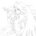  arm_behind_back azuki_(azuki-taste) bird bird_on_hand breasts greyscale large_breasts long_hair looking_at_viewer monochrome reiuji_utsuho simple_background sketch smile solo touhou white_background wings 