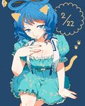  animal_ears blue_dress blue_eyes blue_hair breasts cat_ears cat_tail cleavage dress flower frilled_dress frills hair_ornament hair_rings hair_stick hand_on_own_chest kaku_seiga large_breasts looking_at_viewer nail_polish senba21 smile solo tail touhou 