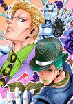  blonde_hair bowler_hat green_hair hat jojo_no_kimyou_na_bouken killer_queen kira_yoshikage male_focus multiple_boys necktie stand_(jojo) va_(redsand775) 