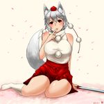  animal_ears blush breasts detached_sleeves eyebrows hat highres inubashiri_momiji large_breasts red_eyes sakushin short_hair silver_hair smile solo sword tail thick_eyebrows tokin_hat touhou weapon wolf_ears wolf_tail 