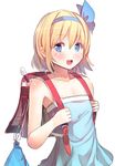  adapted_costume alice_margatroid alice_margatroid_(pc-98) backpack bag blonde_hair blue_dress blue_eyes book culter dress hair_ribbon instrument looking_at_viewer open_mouth randoseru recorder ribbon simple_background smile solo strapless strapless_dress touhou touhou_(pc-98) white_background 