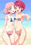  aikatsu! aikatsu!_(series) american_flag_bikini beach bikini blush commentary flag_print flower front-tie_top green_eyes hair_flower hair_ornament hairclip hug ichinose_kaede kitaouji_sakura looking_at_viewer micro_bikini multiple_girls one_eye_closed open_mouth pink_hair red_eyes red_hair senzoc short_hair side-by-side side-tie_bikini smile standing swimsuit wet 