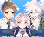  2boys :i backpack bad_id bad_pixiv_id bag blue_eyes blue_sky blush bow brown_hair cloud danganronpa day green_eyes hair_ornament hairclip height_difference hinata_hajime hood hoodie jacket komaeda_nagito looking_at_viewer mery_(apfl0515) multiple_boys nanami_chiaki neck_ribbon necktie open_mouth pink_eyes pink_hair pout ribbon shirt short_hair sky smile super_danganronpa_2 t-shirt taking_picture white_hair 