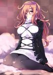  adapted_costume blush breasts brown_eyes brown_hair bursting_breasts dress gradient_hair hijiri_byakuren large_breasts looking_at_viewer morogami_ryou multicolored_hair pantyhose purple_hair ribbed_sweater sitting smile solo sweater sweater_dress touhou turtleneck two-tone_hair 