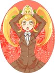  akiki bird blonde_hair chick danganronpa hair_ribbon holding open_mouth orange_eyes ribbon saionji_hiyoko school_uniform super_danganronpa_2 twintails 