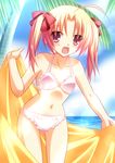  :d absurdres ahoge beach bikini blonde_hair blue_sky bow bra breasts day fang frilled_bikini frills hair_bow highres isa_(ni-iro) long_hair ocean open_mouth original outdoors palm_tree pink_bra pink_eyes pink_hair sky small_breasts smile solo swimsuit towel tree twintails underwear water 