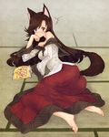  1girl :t animal_ears bad_id bad_twitter_id bare_shoulders barefoot blush brooch brown_hair dress eating feet imaizumi_kagerou jewelry jpeg_artifacts long_hair long_sleeves looking_at_viewer lying on_side red_eyes solo tail tatami touhou urin wolf_ears wolf_tail 