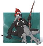  4_fingers anti_dev arrow avian beak beard bird black_feathers bow_(weapon) crew_(anti_dev) eyebrows facial_hair feathers hair half-closed_eyes looking_at_viewer male nipple_piercing nipples piercing ranged_weapon red_hair short_hair sitting weapon woodpecker 