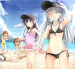  4girls ^_^ ^o^ admiral_(kantai_collection) akatsuki_(kantai_collection) ball beach beachball bikini bikini_skirt black_hair blue_eyes brown_eyes brown_hair casual_one-piece_swimsuit closed_eyes cloud day flat_cap folded_ponytail food frilled_bikini frills hair_ornament hairclip hako_roku hat hibiki_(kantai_collection) ikazuchi_(kantai_collection) inazuma_(kantai_collection) innertube island kantai_collection long_hair multiple_girls one-piece_swimsuit open_mouth outdoors popsicle sand_sculpture short_hair silver_hair smile sunlight swimsuit water 