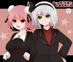  arano_oki bandages bow double_bun formal green_eyes hair_bow hand_on_hip ibaraki_kasen konpaku_youmu multiple_girls pink_eyes pink_hair red_shirt shirt short_hair silver_hair suit touhou 