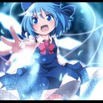  :d blue_dress blue_eyes blue_hair blush bow cirno do_(4-rt) dress fang hair_bow happy ice ice_wings letterboxed open_mouth outstretched_arm outstretched_hand puffy_sleeves shirt short_sleeves smile solo touhou wings 