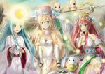  amaterasu_(p&amp;d) aqua_eyes aqua_hair athena_(p&amp;d) bad_id bad_pixiv_id bare_shoulders blonde_hair blue_eyes bracelet breasts closed_eyes green_eyes green_hair hair_tubes headdress headwear_removed heart helmet helmet_removed japanese_clothes jewelry kimono konka long_hair medium_breasts multiple_girls one_eye_closed open_mouth puzzle_&amp;_dragons red_hair robe sakuya_(p&amp;d) sandals smile tamadra venus_(p&amp;d) wings 