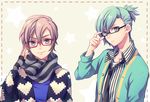  adjusting_eyewear aqua_eyes aqua_hair chi_yu glasses grey_eyes jacket male_focus mikado_nagi mikaze_ai multiple_boys pink_hair red-framed_eyewear scarf semi-rimless_eyewear smile under-rim_eyewear uta_no_prince-sama uta_no_prince-sama_maji_love_2000_percent 