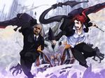 2boys applemac bald blue_eyes facial_hair final_fantasy final_fantasy_vii formal gloves goggles goggles_on_head highres monster multiple_boys necktie open_mouth red_hair reno rude running suit sunglasses 