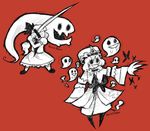 artist_name bluwiikoon bow bug butterfly chibi claws commentary crossover dress ghost insect konpaku_youmu konpaku_youmu_(ghost) multiple_girls off parody red_background saigyouji_yuyuko simple_background solid_oval_eyes style_parody sword touhou weapon 