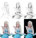  artist_name black_background blonde_hair blue_eyes braid breasts cleavage dress elsa_(frozen) frozen_(disney) hair_over_shoulder jiyu_kaze lips long_hair looking_at_viewer medium_breasts partially_colored photorealistic realistic signature simple_background single_braid sketch solo watermark web_address white_background work_in_progress 