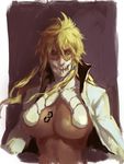  artist_request bangs bleach blonde_hair breasts dark_skin female green_eyes hair_between_eyes hair_ornament huge_breasts jacket large_breasts long_hair long_sleeves looking_at_viewer mask messy_hair mr.zombie open_clothes open_jacket revealing_clothes shirt solo tattoo tier_harribel upper_body white_jacket white_shirt 