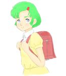  1girl backpack bag blue_eyes child elchi_cargo gidayasen green_hair hair_ornament hairclip looking_at_viewer randoseru sentou_mecha_xabungle short_hair simple_background smile solo white_background younger 