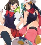  beanie black_hair black_legwear blush boots bow bowtie budew gen_4_pokemon grey_legwear hair_ornament hairclip hand_on_hip hat hikari_(pokemon) holding holding_poke_ball kneehighs lass_(pokemon) long_hair miniskirt multiple_girls onaramaru pink_footwear piplup pleated_skirt poke_ball pokemon pokemon_(creature) pokemon_(game) pokemon_dppt red_scarf scarf school_uniform shinx shirt skirt sleeveless sleeveless_shirt smile 