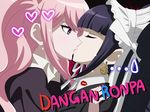  2girls black_hair blonde_hair blush bonnet celestia_ludenberck closed_eyes copyright_name danganronpa danganronpa_1 earrings ears enoshima_junko fingernails headdress heart highres jewelry kiss kumax5 lipstick_mark multiple_girls official_style profile sweatdrop yuri 