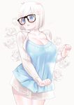  1girl blue_eyes breasts cleavage dskn female flower glasses large_breasts original solo white_hair 