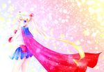  adapted_costume bishoujo_senshi_sailor_moon blonde_hair blue_eyes blue_sailor_collar blue_skirt bow cape choker double_bun elbow_gloves gloves hair_ornament hairpin highres long_hair looking_back magical_girl mask multicolored_hair one_eye_closed pleated_skirt red_bow red_cape red_choker sailor_collar sailor_moon sailor_senshi_uniform skirt smile solo tiara torao_(torakmn) tsukino_usagi twintails white_gloves white_hair 
