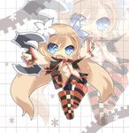  :d black_legwear blue_eyes boots brown_hair chibi flower full_body hair_flower hair_ornament highres long_hair marta_lualdi milkpanda no_nose open_mouth pantyhose skirt smile solo tales_of_(series) tales_of_symphonia tales_of_symphonia_knight_of_ratatosk weapon zoom_layer 