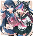  \m/ arm_around_waist blue_eyes blue_hair danganronpa danganronpa_1 fang hair_ornament hairclip maizono_sayaka microphone mioda_ibuki multicolored_hair multiple_girls one_eye_closed open_mouth pink_eyes school_uniform serafuku shine5s smile star super_danganronpa_2 thighhighs thumb_ring 