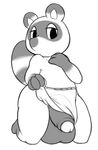  aintsmart animal_crossing anthro apron balls big_balls chubby clothing greyscale huge_balls kneeling looking_at_viewer male mammal monochrome nintendo penis plain_background shy solo tanuki tom_nook_(animal_crossing) topless uncut video_games white_background 