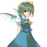  arms_behind_back ascot cowboy_shot daiyousei fairy_wings green_eyes green_hair hair_ribbon head_tilt highres looking_at_viewer orinpachu puffy_short_sleeves puffy_sleeves ribbon short_hair short_sleeves side_ponytail simple_background skirt skirt_set smile solo touhou white_background wings 