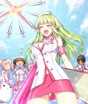  4girls :d aisha_(elsword) ara_han armband bad_id bad_pixiv_id black_hair blonde_hair chung_seiker closed_eyes cloud day double_bun elsword elsword_(character) eve_(elsword) green_hair hat large_syringe long_hair multiple_boys multiple_girls nurse nurse_cap open_mouth oversized_object pink_skirt pointy_ears purple_hair raven_(elsword) red_hair rena_(elsword) short_hair skirt sky smile syringe tanjel twintails white_hair yellow_eyes 