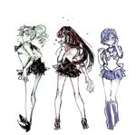  back_bow bare_legs bishoujo_senshi_sailor_moon boots bow full_body hair_bobbles hair_ornament hino_rei inner_senshi kino_makoto knee_boots kubota_heaven long_hair magical_girl mizuno_ami multiple_girls multiple_monochrome ofuda ponytail ribbon sailor_jupiter sailor_mars sailor_mercury sailor_senshi sailor_senshi_uniform shoes short_hair skirt standing white_background 