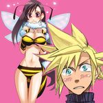  1boy 1girl artist_request bee_costume bee_girl blonde_hair blue_eyes blush breasts brown_eyes brown_hair chocolate0314 cleavage cloud_strife earrings final_fantasy final_fantasy_vii insect_girl jewelry long_hair midriff navel tifa_lockhart very_long_hair wavy_mouth 