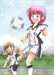  ball blue_eyes blush bow brown_eyes brown_hair bush grass hair_bow highres kem_kem kneehighs leg_up multiple_girls no_nose open_mouth original pink_hair pointing ponytail shoes short_hair shorts soccer soccer_ball soccer_uniform solo_focus sportswear standing telstar wall wavy_mouth white_legwear 