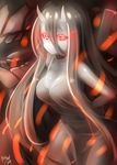  arm_behind_back battleship_hime black_hair breasts cleavage horns kantai_collection large_breasts long_hair pale_skin red_eyes shinkaisei-kan solo sparks tilt-shift 