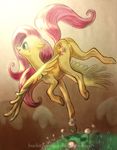  anus buckitponydoodles butt cutie_mark dandelion equine female feral flower fluttershy_(mlp) friendship_is_magic fur grass hair hooves horse jumping mammal my_little_pony pink_hair pony pussy running simple_background solo teal_eyes wings yellow_fur 