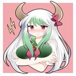  bad_id bad_pixiv_id blush breast_hold breasts commentary_request crossed_arms ex-keine green_hair hammer_(sunset_beach) horn_ribbon horns kamishirasawa_keine large_breasts long_hair multicolored_hair neckerchief red_eyes ribbon scowl solo touhou upper_body white_hair 