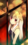  afilia_(kiyomin) blonde_hair camisole cloud dusk fang from_outside highres kiyomin long_hair looking_at_viewer looking_out_window original red_eyes reflection sky solo vampire window 