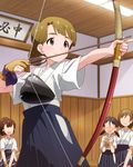  archery artist_request bow bow_(weapon) brown_eyes brown_hair faceless faceless_female glint gloves hakama idolmaster idolmaster_million_live! japanese_clothes jpeg_artifacts kyuudou miyao_miya multiple_girls muneate official_art partly_fingerless_gloves weapon yugake 