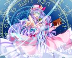  aiming_at_viewer blue_background book bow breasts cleavage crescent crescent_hair_ornament dress foreshortening greek hair_bow hair_ornament hand_up hat hat_ribbon highres kamitsuki_shion large_breasts light_trail long_hair looking_at_viewer magic_circle mob_cap open_mouth outstretched_hand patchouli_knowledge purple_eyes purple_hair ribbon robe runes sidelocks solo striped striped_dress touhou very_long_hair zodiac 