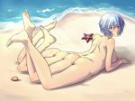  1girl arm_support ass ayanami_rei barefoot beach blue_hair breasts feet female gammatelier looking_at_viewer looking_back lying multi_leg neon_genesis_evangelion nipples nude ocean on_stomach red_eyes short_hair soles solo toes 