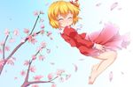  ^_^ aki_shizuha bare_legs barefoot blonde_hair closed_eyes eyebrows facing_viewer hair_ornament leaf leaf_hair_ornament short_hair skirt skirt_set smile solo spring_(season) thick_eyebrows touhou waribashi-p 