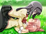  akemi_homura black_hair black_legwear blush closed_eyes girl_on_top hair_ribbon hairband holding_hands kaname_madoka kemoyuri long_hair mahou_shoujo_madoka_magica multiple_girls pantyhose pink_hair plaid plaid_skirt purple_eyes ribbon school_uniform short_hair short_twintails skirt twintails yuri 