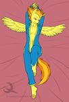  anthro breasts brown_eyes cleavage clothed clothing equine ethanqix female friendship_is_magic hair hooves horse looking_at_viewer lying mammal my_little_pony navel orange_hair pegasus pinup pony pose skinsuit solo spitfire_(mlp) two_tone_hair wings wonderbolts_(mlp) zipper 
